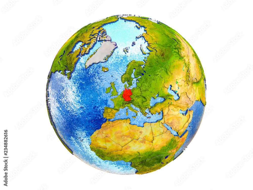 Germany on 3D model of Earth with country borders and water in oceans. 3D illustration isolated on white background. Germany on 3D model of Earth with country borders and water in oceans. 3D illustration isolated on white background.