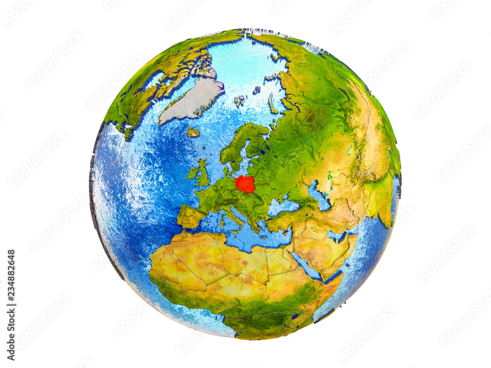 Poland on 3D model of Earth with country borders and water in oceans. 3D illustration isolated on white background. Poland on 3D model of Earth with country borders and water in oceans. 3D illustration isolated on white background.