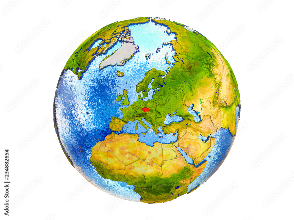 Czech republic on 3D model of Earth with country borders and water in oceans. 3D illustration isolated on white background. Czech republic on 3D model of Earth with country borders and water in oceans. 3D illustration isolated on white background.