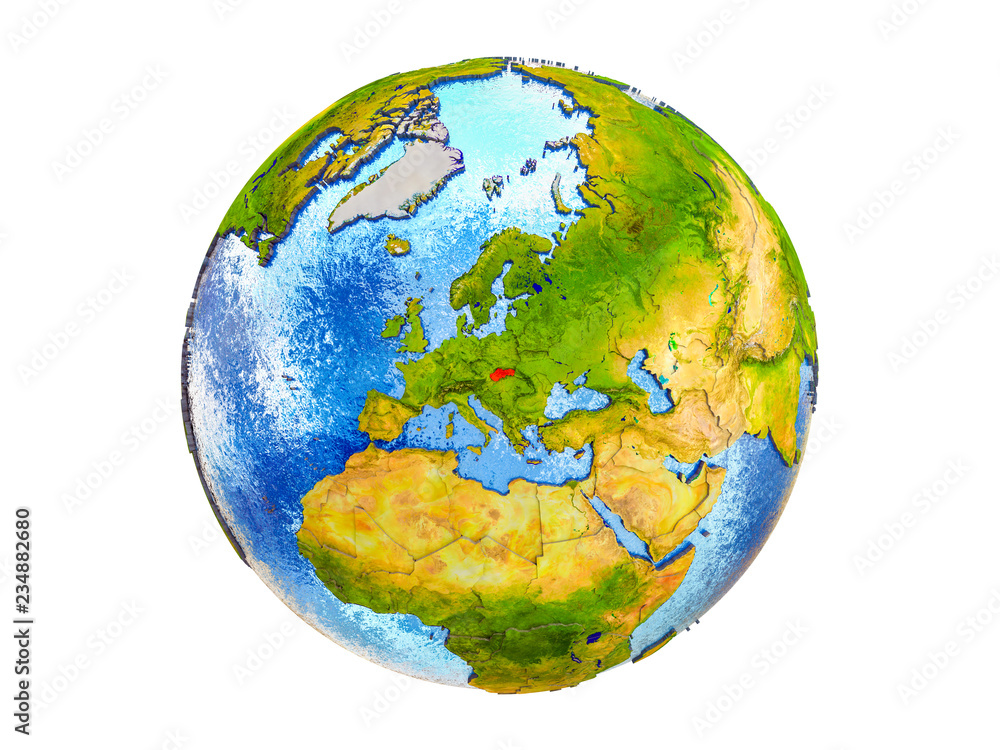 Slovakia on 3D model of Earth with country borders and water in oceans. 3D illustration isolated on white background. Slovakia on 3D model of Earth with country borders and water in oceans. 3D illustration isolated on white background.