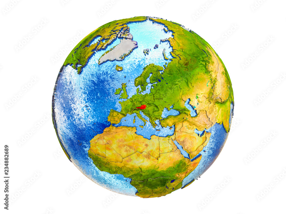 Austria on 3D model of Earth with country borders and water in oceans. 3D illustration isolated on white background. Austria on 3D model of Earth with country borders and water in oceans. 3D illustration isolated on white background.