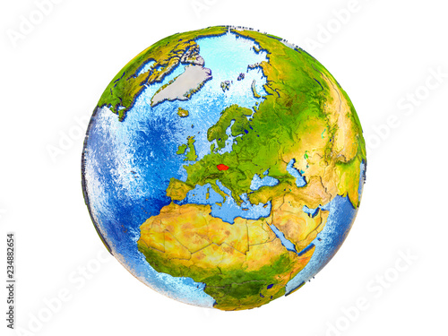 Czech republic on 3D model of Earth with country borders and water in oceans. 3D illustration isolated on white background.
