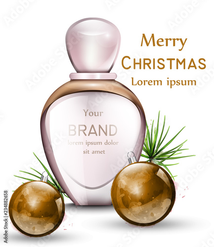 Perfume bottle Vector realistic with golden watercolor baubles. Merry Christmas gift perfume. Pink colors
