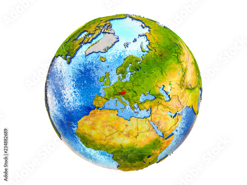 Austria on 3D model of Earth with country borders and water in oceans. 3D illustration isolated on white background.