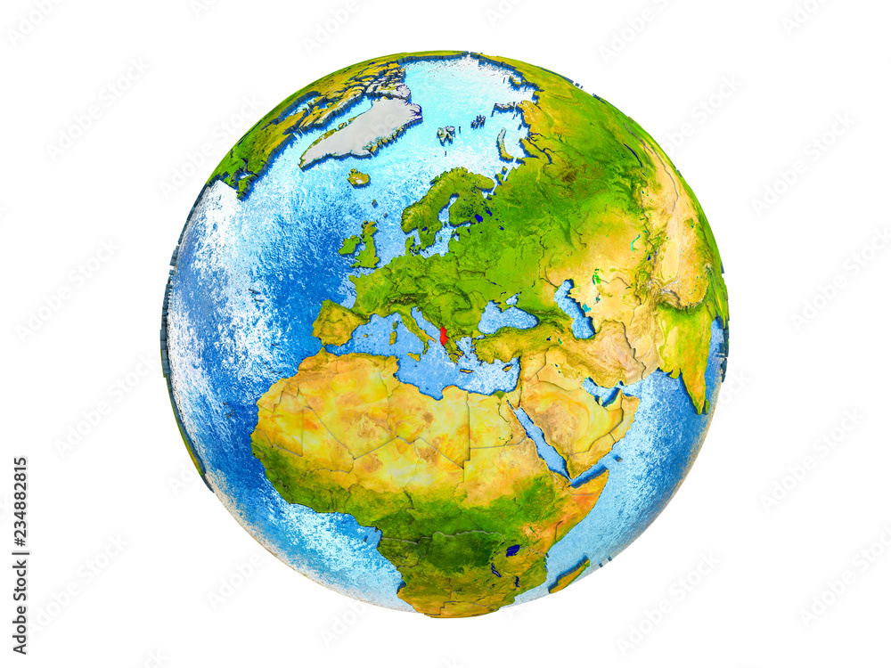 Albania on 3D model of Earth with country borders and water in oceans. 3D illustration isolated on white background. Albania on 3D model of Earth with country borders and water in oceans. 3D illustration isolated on white background.