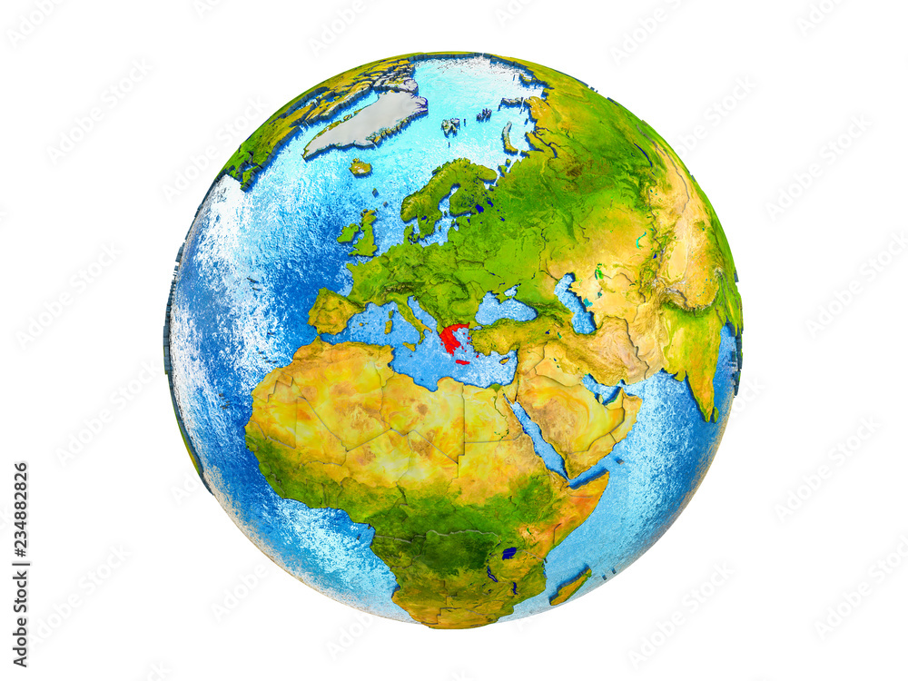 Greece on 3D model of Earth with country borders and water in oceans. 3D illustration isolated on white background. Greece on 3D model of Earth with country borders and water in oceans. 3D illustration isolated on white background.