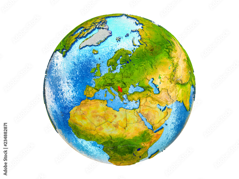 Serbia on 3D model of Earth with country borders and water in oceans. 3D illustration isolated on white background. Serbia on 3D model of Earth with country borders and water in oceans. 3D illustration isolated on white background.