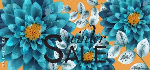 Blue turquoise watercolor flowers background Vector. Greeting card floral dec...