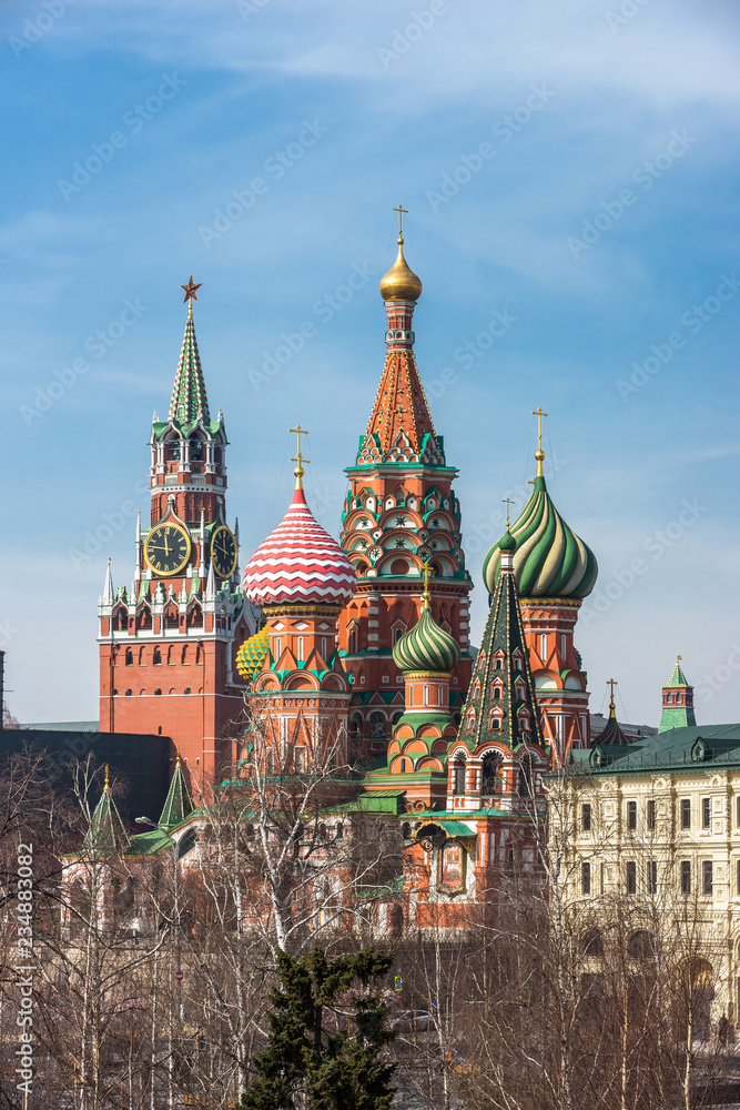 Fototapeta premium Zaryadye Park landscape. Pine grove and Saint Basil's Cathedral in early spring sunny day.