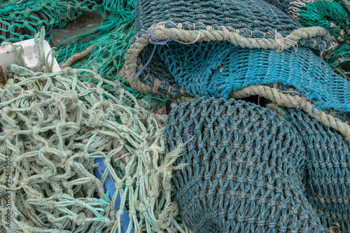 Colorfull fish nets in Guilvinec harbor Brittany France.