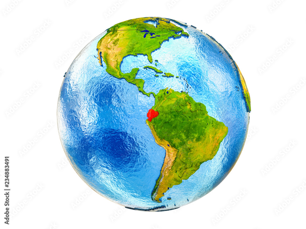 Ecuador on 3D model of Earth with country borders and water in oceans. 3D illustration isolated on white background.