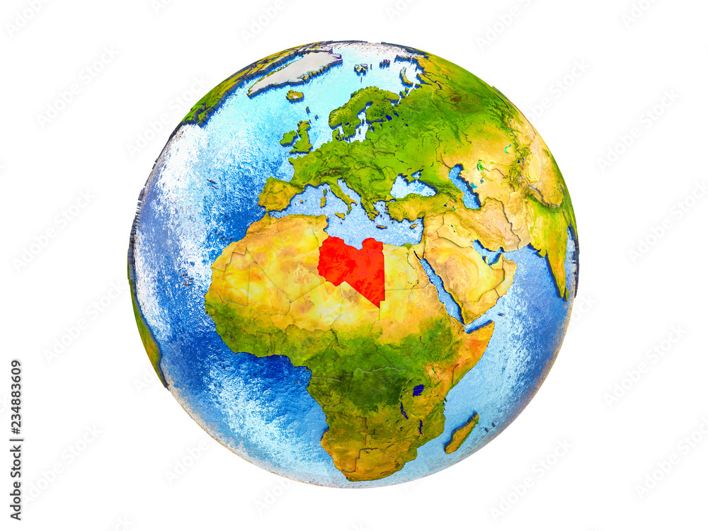 Libya on 3D model of Earth with country borders and water in oceans. 3D illustration isolated on white background. Libya on 3D model of Earth with country borders and water in oceans. 3D illustration isolated on white background.