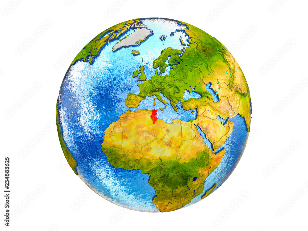 Tunisia on 3D model of Earth with country borders and water in oceans. 3D illustration isolated on white background. Tunisia on 3D model of Earth with country borders and water in oceans. 3D illustration isolated on white background.