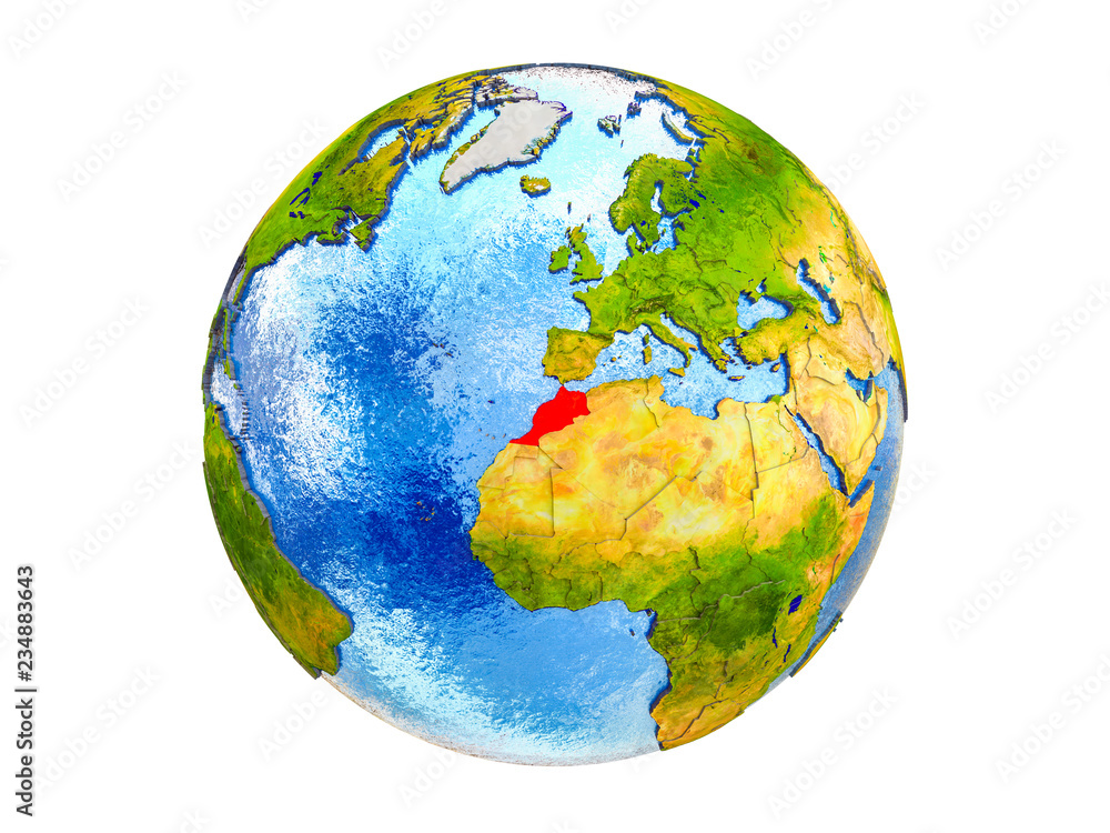 Morocco on 3D model of Earth with country borders and water in oceans. 3D illustration isolated on white background.