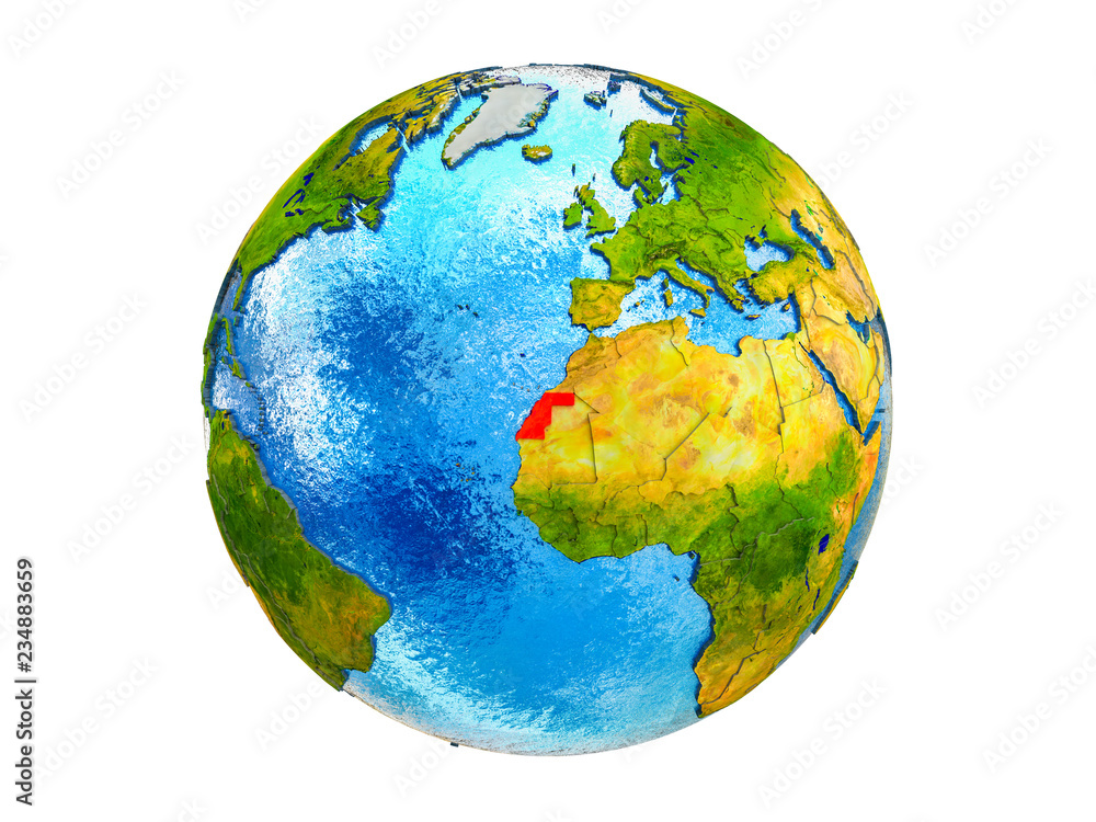 Western Sahara on 3D model of Earth with country borders and water in oceans. 3D illustration isolated on white background. Western Sahara on 3D model of Earth with country borders and water in oceans. 3D illustration isolated on white background.