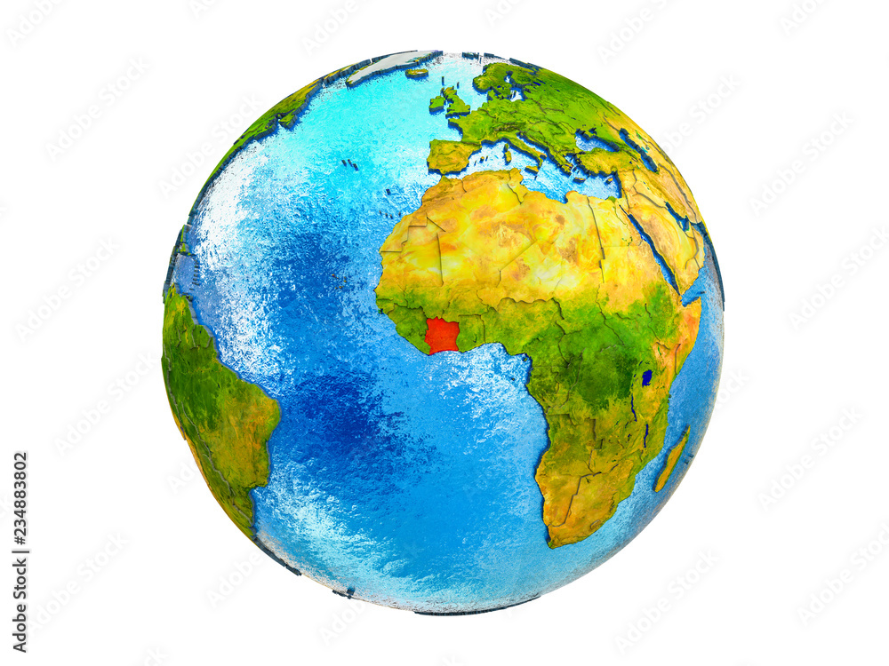 Ivory Coast on 3D model of Earth with country borders and water in oceans. 3D illustration isolated on white background.