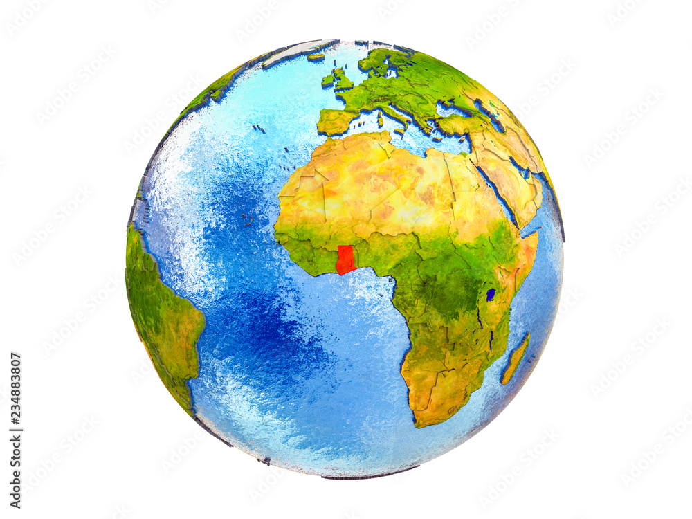 Ghana on 3D model of Earth with country borders and water in oceans. 3D illustration isolated on white background. Ghana on 3D model of Earth with country borders and water in oceans. 3D illustration isolated on white background.