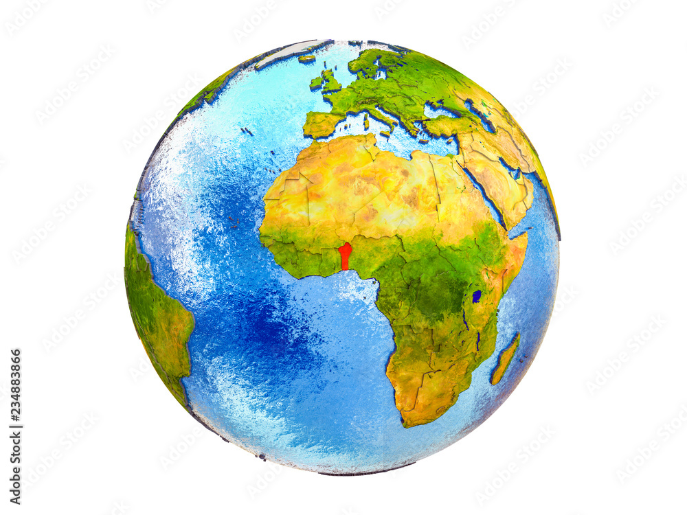 Benin on 3D model of Earth with country borders and water in oceans. 3D illustration isolated on white background. Benin on 3D model of Earth with country borders and water in oceans. 3D illustration isolated on white background.