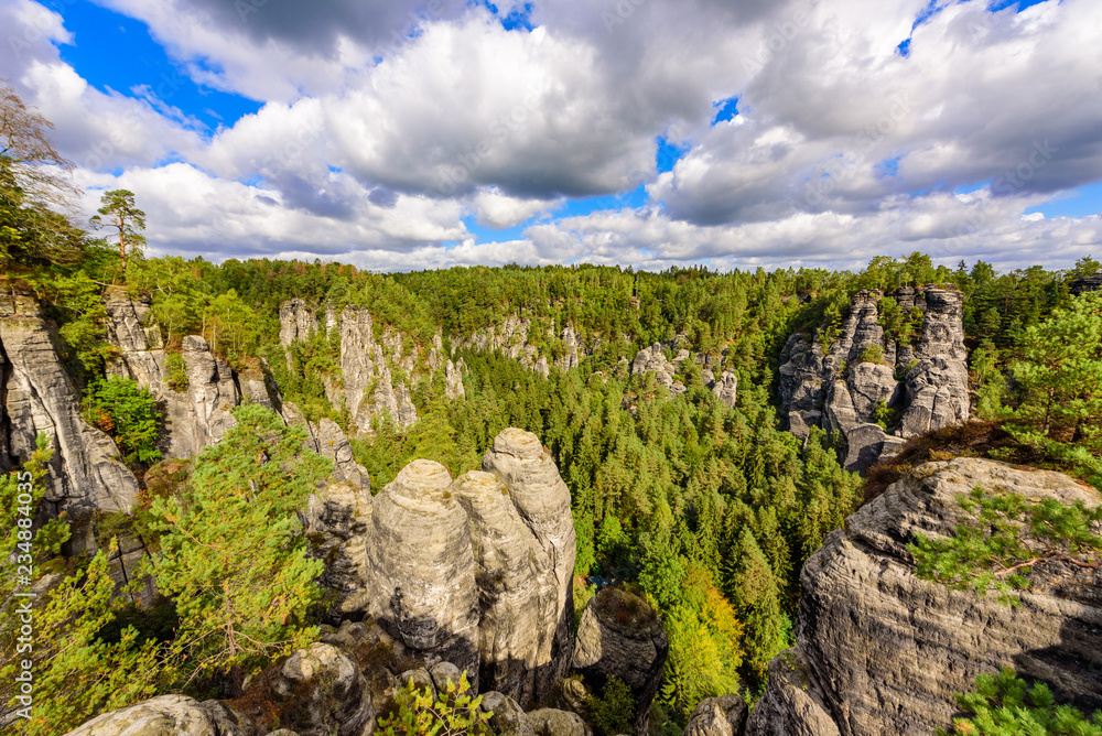 Panorama view on the beautiful rock formation of Bastei in Saxon Switzerland National Park, near Dresden and Rathen - Germany. Popular travel destination in Saxony.