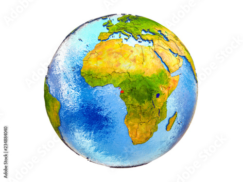 Equatorial Guinea on 3D model of Earth with country borders and water in oceans. 3D illustration isolated on white background.