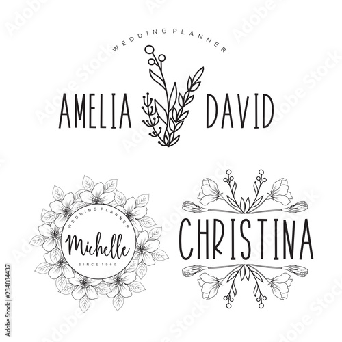 Hand drawn logo collection. Logo design with flowers and beautiful fonts. For designers, florists, Wedding Planner, photographers and other creative professions
