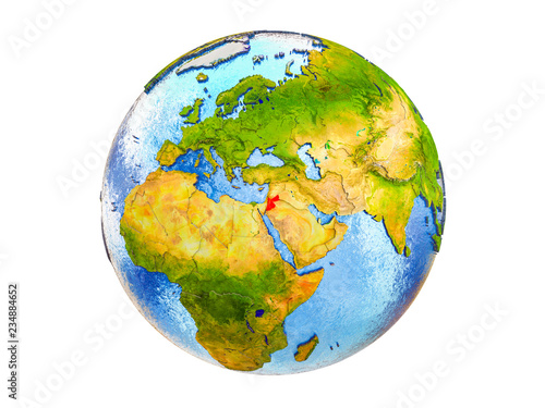 Jordan on 3D model of Earth with country borders and water in oceans. 3D illustration isolated on white background.