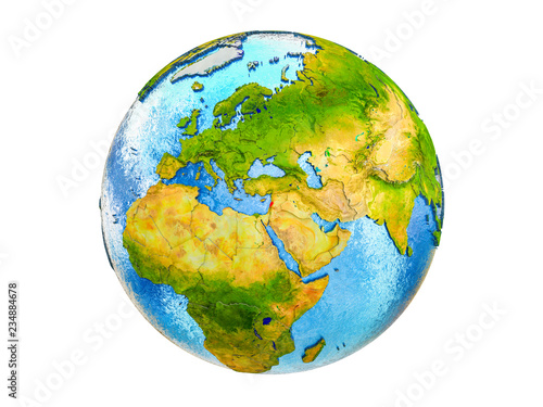 Lebanon on 3D model of Earth with country borders and water in oceans. 3D illustration isolated on white background.