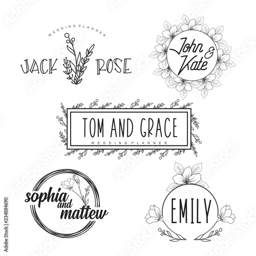 Hand drawn logo collection. Logo design with flowers and beautiful fonts. For designers, florists, Wedding Planner, photographers and other creative professions
