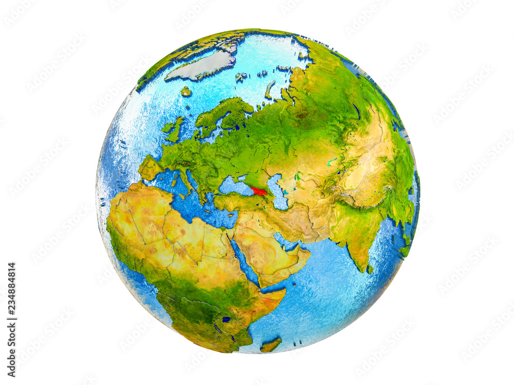 Georgia on 3D model of Earth with country borders and water in oceans. 3D illustration isolated on white background. Georgia on 3D model of Earth with country borders and water in oceans. 3D illustration isolated on white background.