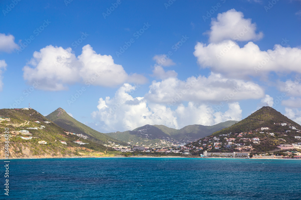 Coastline along of the Sint Maarten in the Caribbean sea