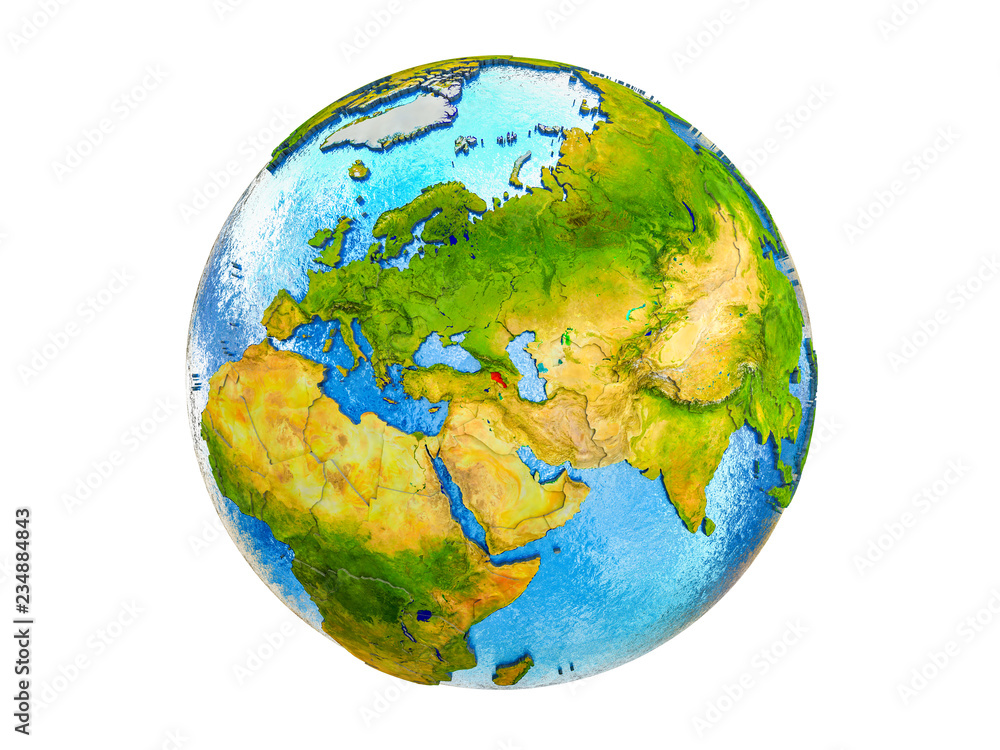 Armenia on 3D model of Earth with country borders and water in oceans. 3D illustration isolated on white background. Armenia on 3D model of Earth with country borders and water in oceans. 3D illustration isolated on white background.