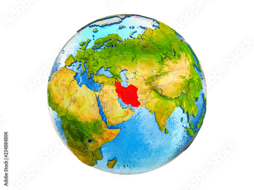 Iran on 3D model of Earth with country borders and water in oceans. 3D illustration isolated on white background.