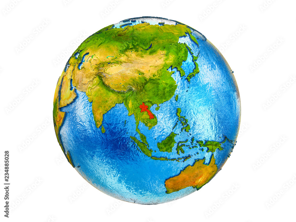 Laos on 3D model of Earth with country borders and water in oceans. 3D illustration isolated on white background. Laos on 3D model of Earth with country borders and water in oceans. 3D illustration isolated on white background.