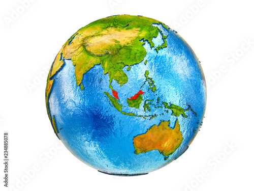 Malaysia on 3D model of Earth with country borders and water in oceans. 3D illustration isolated on white background.