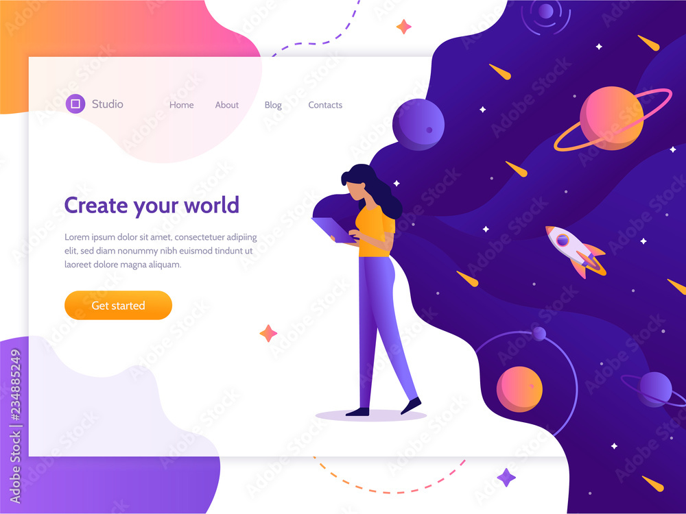 Create your world. Web development. Girl holding a device in which space. Web banner design template. Flat vector illustration.