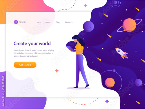 Create your world. Web development. Girl holding a device in which space. Web banner design template. Flat vector illustration.