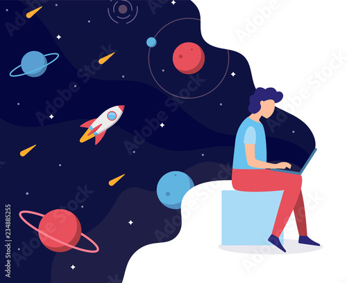 A man works at a laptop from which flows space. Creativity, programming, creation of new websites and applications.  Flat vector illustration.