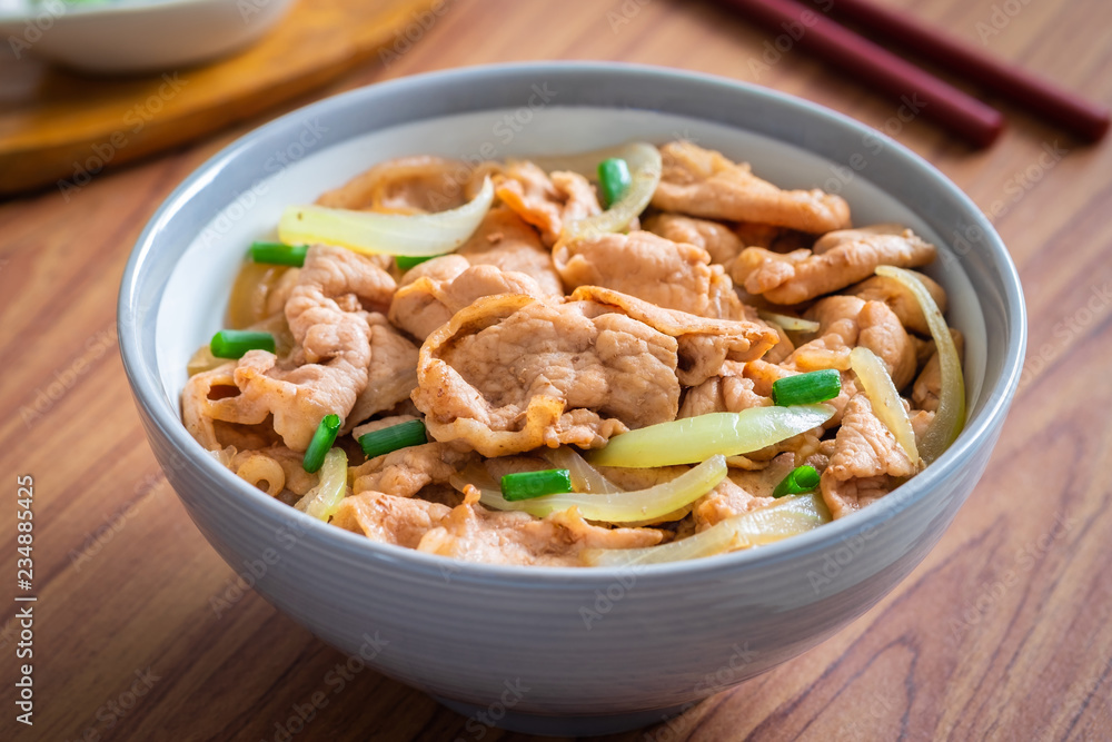 Fried pork with rice in bowl. Japanese food style, Donburi Fried pork with rice in bowl. Japanese food style, Donburi