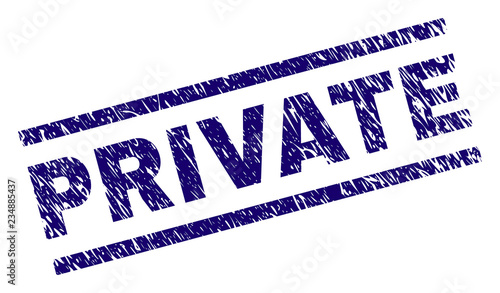 PRIVATE seal print with scratced style. Blue vector rubber print of PRIVATE text with unclean texture. Text label is placed between parallel lines.