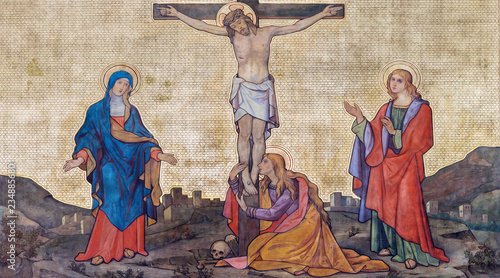 Canvastavla PRAGUE, CZECH REPUBLIC - OCTOBER 13, 2018: The fresco of Crucifixion in church kostel Svatého Cyrila a Metodeje probably by Gustav Miksch and Antonin Krisan (19