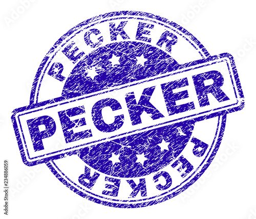 PECKER stamp seal watermark with grunge texture. Designed with rounded rectangles and circles. Blue vector rubber print of PECKER title with scratched texture.