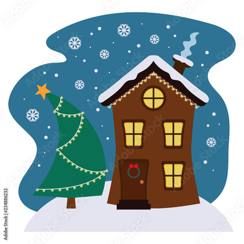 Cartoon winter house with Christmas tree. Cute gingerbread house. Flat style vector illustration.