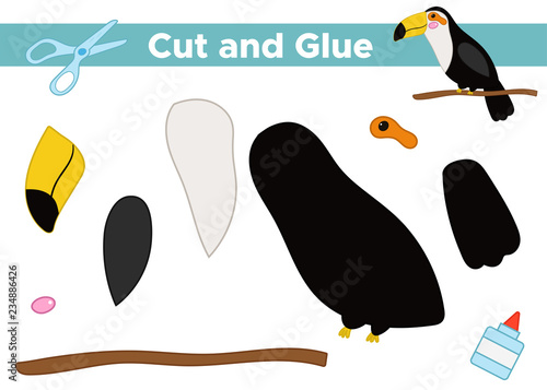 Education paper game for preschool kids. Create the applique cute toucan. Cut and glue. Tropical birds. Vector illustration.