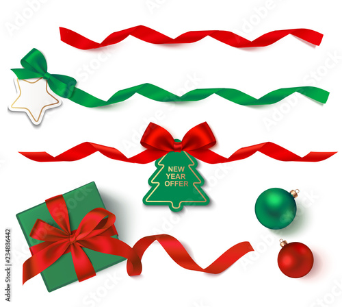 Christmas decorations isolated on white. Vector green gift box with red bow, New year ball, decorative sale tags and ribbons