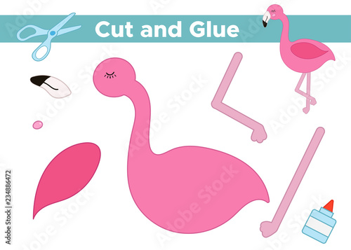 Education paper game for preschool kids. Create the applique cute flamingo. Cut and glue. Tropical birds. Vector illustration.