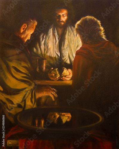 Canvastavla LONDON, GREAT BRITAIN - SEPTEMBER 18, 2017: The painting of the scene Jesus and the Disciples of Emausy in the church of Immaculate Conception, Farm Street from 20 cent