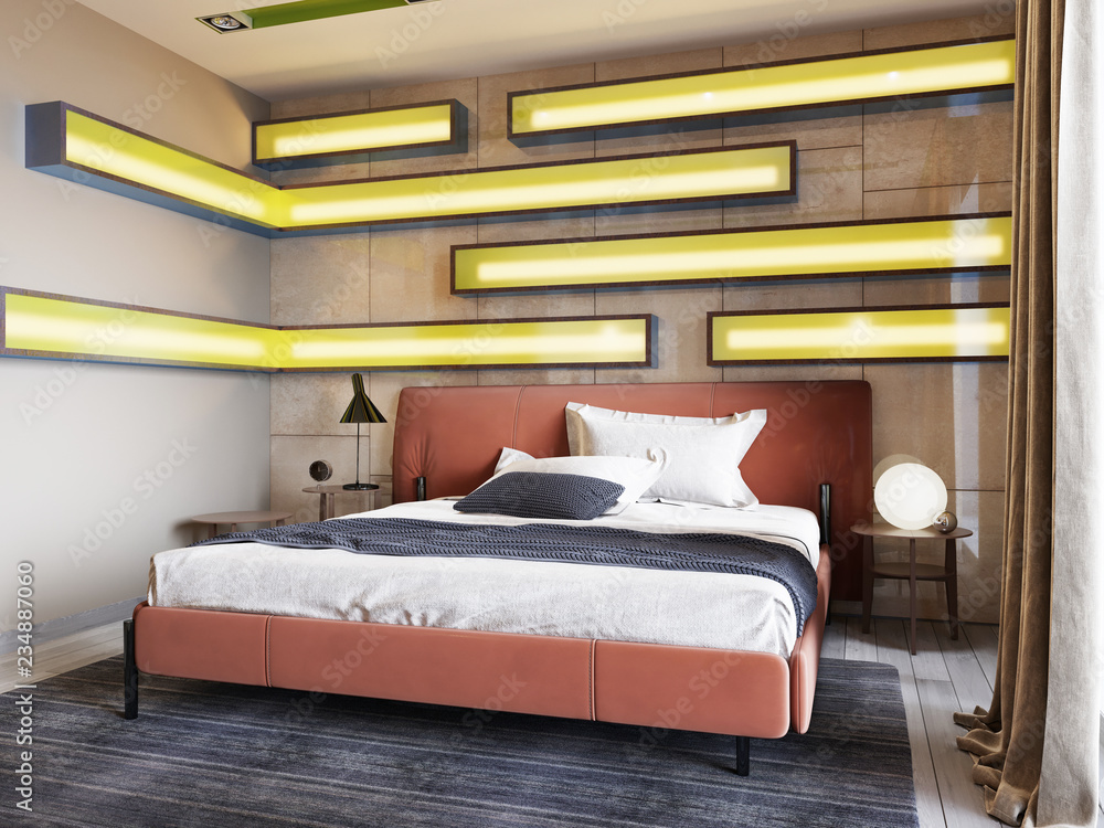 Modern Leather Bed With Side Tables, Stained Glass Lighted Headboard Design