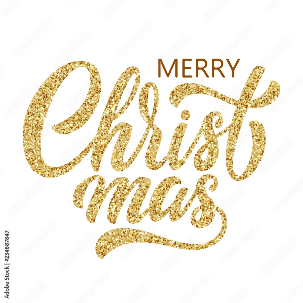 Merry Christmas brush hand lettering with goldn glitter texture on white background. Vector typography illustration. Perfect for holidays festive design. Merry Christmas brush hand lettering with goldn glitter texture on white background. Vector typography illustration. Perfect for holidays festive design.