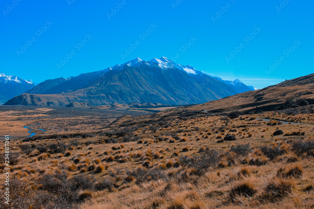 Mount Sunday landscape, scenic view of Mount Sunday and surroundings in Ashburton Lakes District, South Island, New Zealand