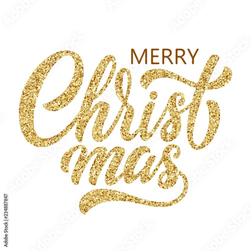 Merry Christmas brush hand lettering with goldn glitter texture on white background. Vector typography illustration. Perfect for holidays festive design.